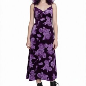 Vintage 90s Purple Floral Velvet Midi Slip Dress Whimsigoth Grunge Large